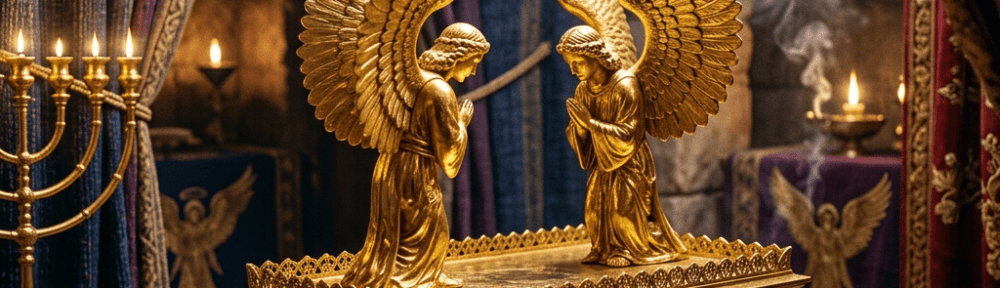 Golden ark topped with two winged cherubim in a candlelit sanctuary
