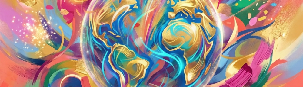 Vibrant abstract painting with swirling ribbons, confetti, and sparkling bursts